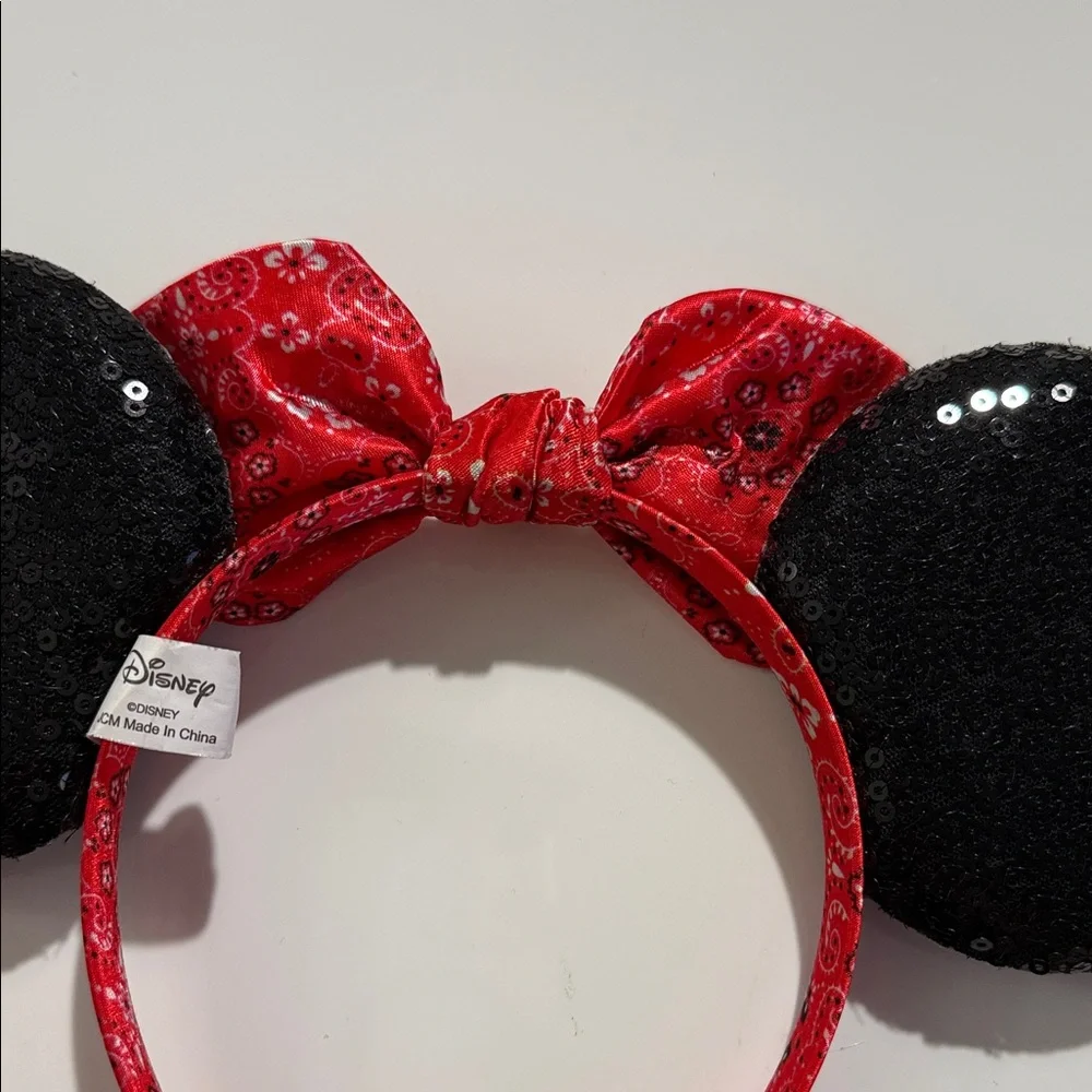Disney Black Sequin Minnie Ears Headband with Red Bandana Bow
